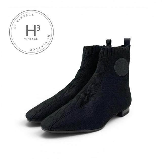エルメス HERMES 二重奏 ブーツ 遊撃手ブーツ 靴 シューズ 織り地 黒いこと 編み物 エクスリブリス 靴下ブーツ