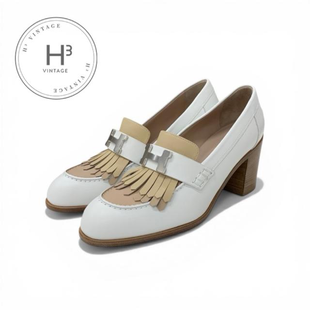 エルメス HERMES エリゼ パンプス 靴 シューズ レザー ホワイト ベージュ H金具 フリンジ ヒールローファー