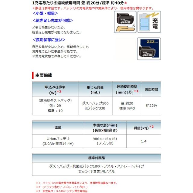 [正規店] マキタ 充電式 クリーナー CL142FDRFW 14.4V 3.0Ah 掃除機 スティック型 紙パック式 ワンタッチスイッチ makita 軽量 充電式 コードレス
