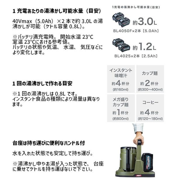 [マキタ 正規店] 充電式 ケトル 0.8L KT001G 40Vmax 対応 本体のみ 【バッテリ・充電器別売】 makita ポット キャンプ アウトドア 防災 災害 対策 BL4025/BL4040/BL4050F やかん 電動 充電 おしゃれ かわいい BBQ インテリア 屋内 屋外