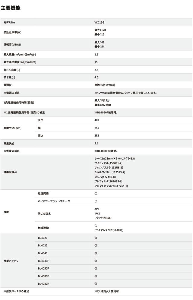 マキタ 充電式 集じん機 VC013GZ 40Vmax 無線連動対応 乾湿両用 7.5L コードレス 掃除機 クリーナー 水 粉塵 DIY 後片付け 掃除