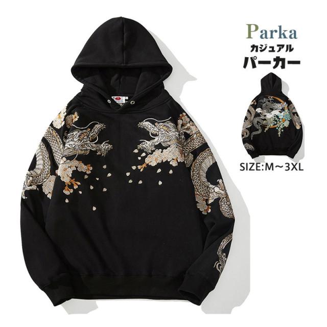 パーカー メンズ ライトアウター 長袖 トップス 刺繍 和風 和柄 龍 スウェット ゆったり 男性 かっこいい スポーツ カジュアル 暖かい 防寒
