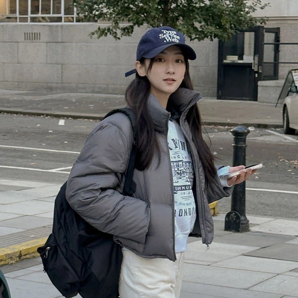 無地 ショート ボタン ポケット ファスナー ダウンジャケットコート [4