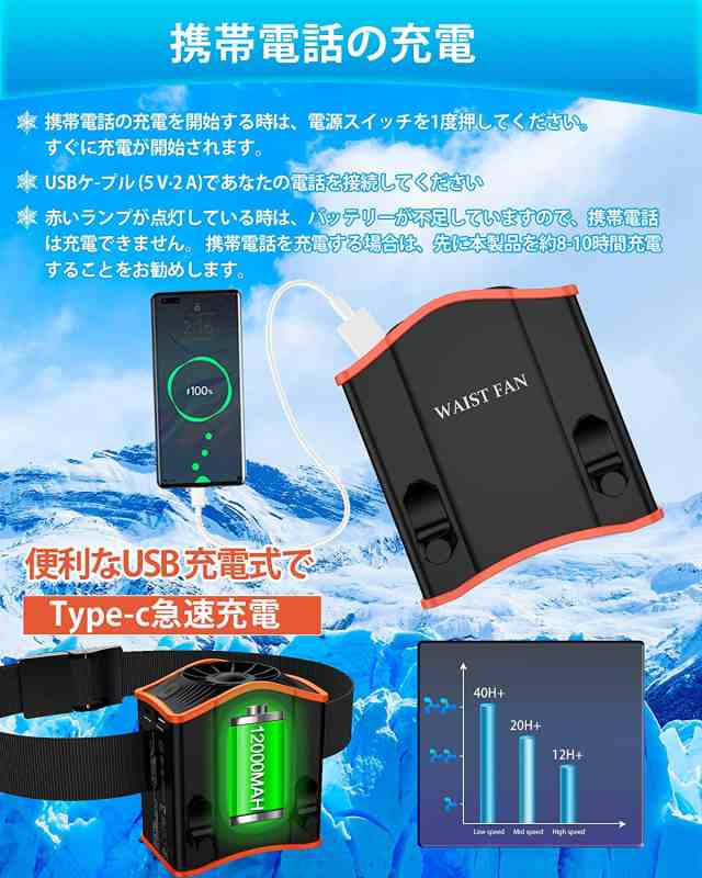 12000mAh腰掛け扇風機 携帯扇風機 最大24時間稼働、3段階調節 多機能
