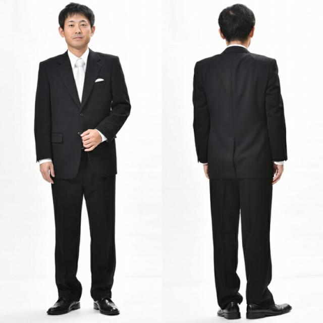 【合服】ブラック フォーマルスーツ SUPERTEX シングル：RM6414 略礼服 喪服 【2B×1 アジャスター付き★パンツ裾未処理】メンズ 紳士 男性用 黒 冠婚葬祭 葬式 葬儀 法事 法要 スリーシーズン 長大_1