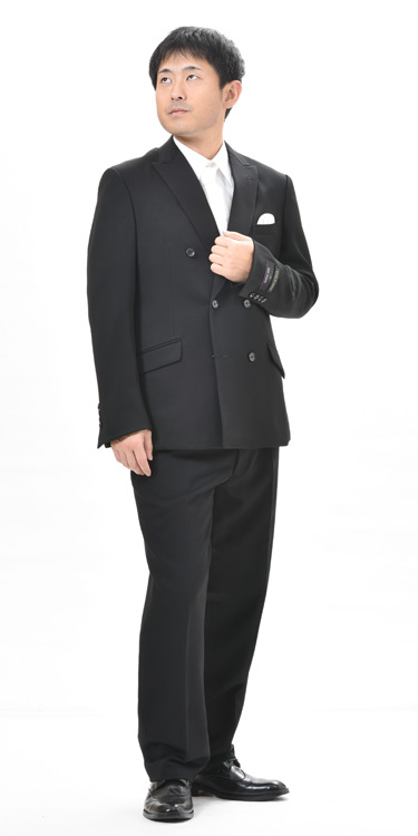 【日本製】*合服*ブラックスーツ ：ダブル6B×2略礼服、喪服：サイドベンツ：ノータック アジャスター付き：RM12040:当店で一番トレンドの高いダブル★パンツ裾未処理_1