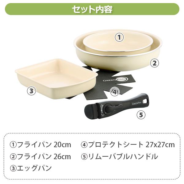 グリーンパン クリックシェフ 5点セット（ガス火・IH対応） GREENPAN CLICK CHEF ハンドル脱着式タイプ フライパン エッグパン ハンドル_2