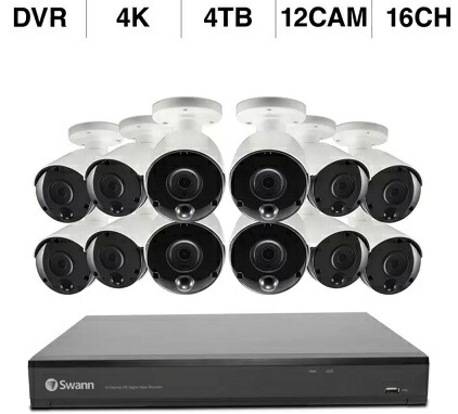 Swann 16CH 4K DVRシステム 4TB 投光器 バレット型 カメラ12台 セキュリティ 防犯 監視 カメラ 施設 商業 店舗 工場 有線 超高画質 熱感知 赤外線暗視 SWDVK-1656812