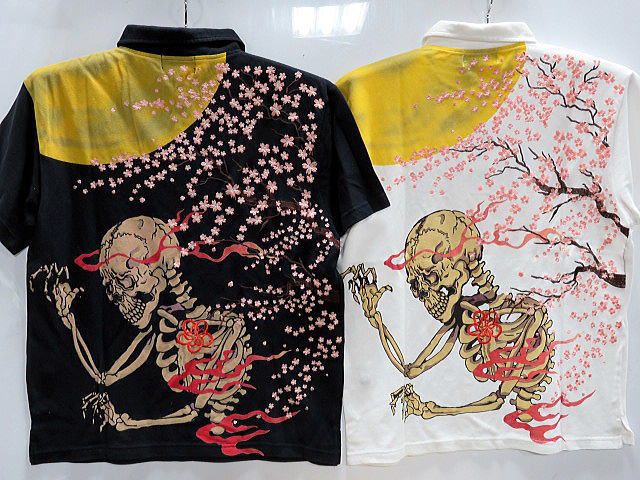 錦　和柄　半袖ポロシャツ　桜刺繍にガイコツプリント　NISHIKI 5,244円