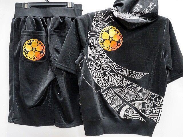 錦 桜帯柄総刺繍 半袖パーカーハーフパンツ パイソンラメジャージ上下