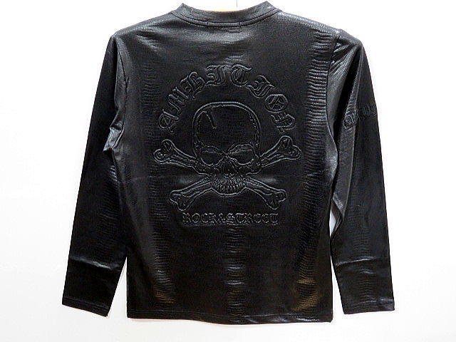 大きいサイズ BE AMBITION   スカル＆ロゴ エンボス加工 Vネック長袖Tシャツ 　ビーアンビション