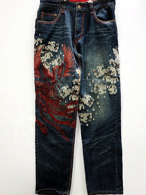 華鳥風月 和柄 デニムパンツ　鳳凰＆花魁総刺繍　プレミアムデニム