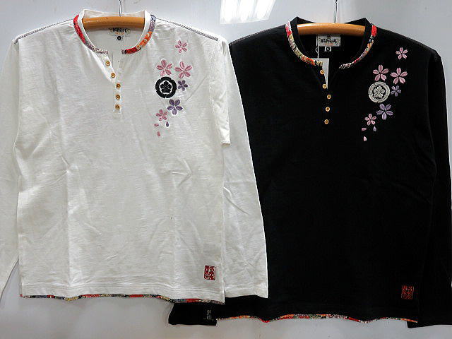 絡繰魂  桜刺繍ヘンリーネック長袖Tシャツ　カラクリ魂