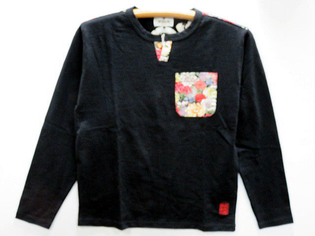 絡繰魂  菊家紋刺繍 ボタンネック長袖Tシャツ　カラクリ魂