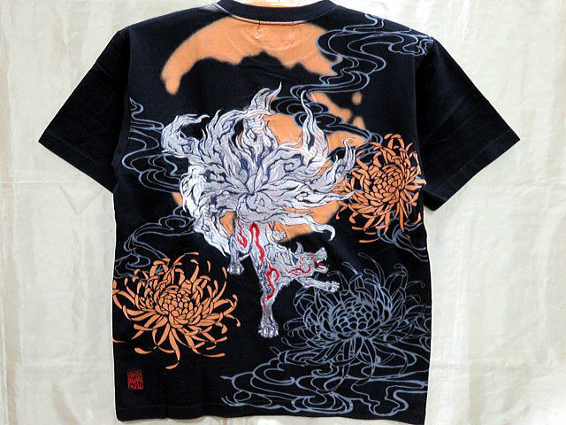 絡繰魂  和柄　半袖Tシャツ  月夜に九尾刺繍　カラクリ魂