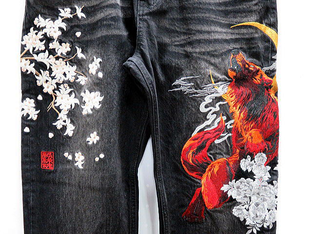 絡繰魂 　デニムパンツ　和柄　狼桜極彩　　カラクリ魂