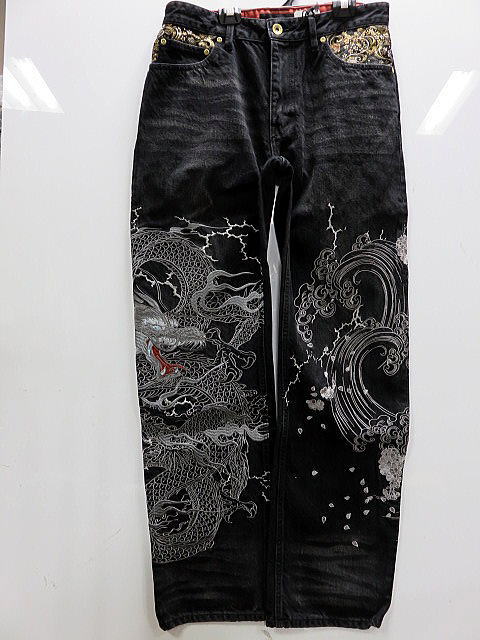 絡繰魂・粋 　デニムパンツ　和柄　逆鱗総刺繍　カラクリ魂