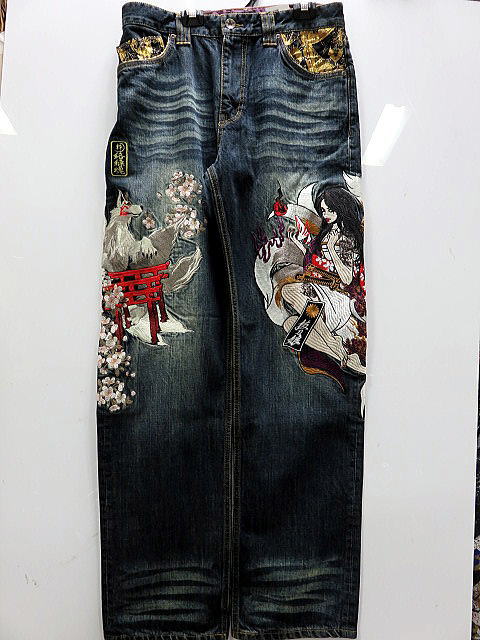 抜刀娘ジーンズ 大きいサイズ】 抜刀娘 刺繍 ジャガード 和柄 ジーンズ