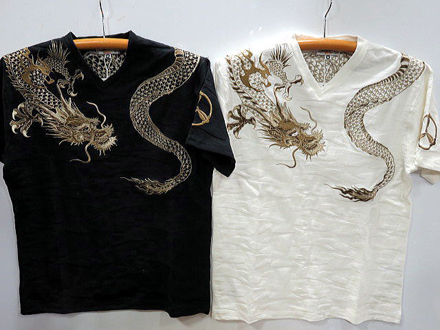 絡繰魂 　巻龍刺繍 迷彩ジャガードVネック半袖Tシャツ カラクリ魂