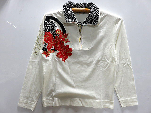 カラクリ魂 和柄ゼブラレイヤード ダブルジップ長袖Ｔシャツ　家紋に牡丹刺繍　 KARAKURI