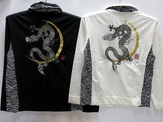 カラクリ魂 和柄ゼブラレイヤード ダブルジップ長袖Ｔシャツ　三日月龍刺繍　 KARAKURI