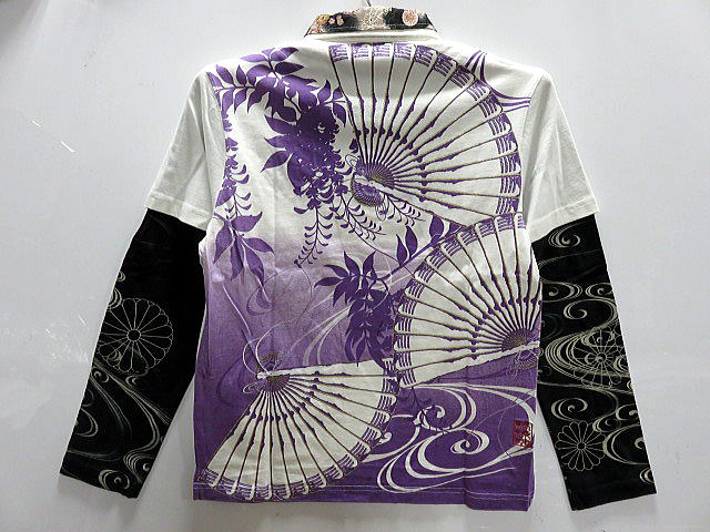カラクリ魂　和柄　フェイクレイヤード長袖ポロシャツ 　扇に家紋刺繍　KARAKURI