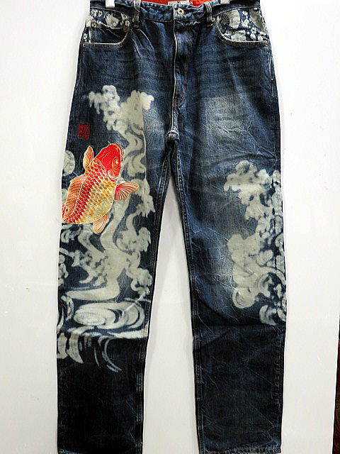カラクリ魂 和柄デニムパンツ KARAKURI　緋鯉刺繍