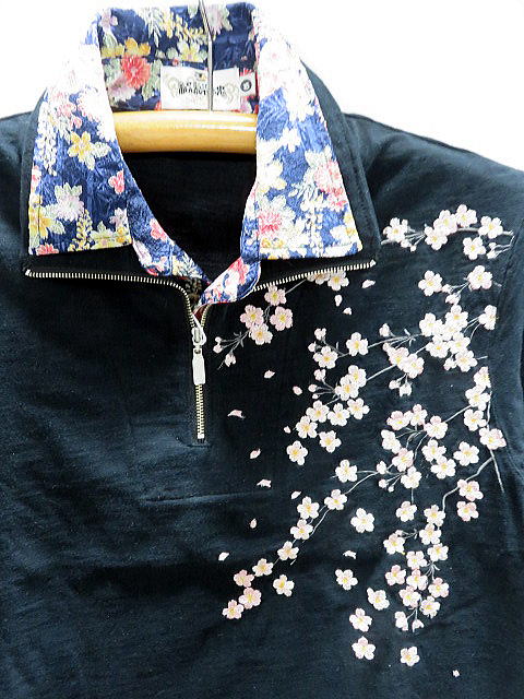 カラクリ魂 　半袖レイヤード　ジップアップシャツ　桜刺繍　KARAKURI_1