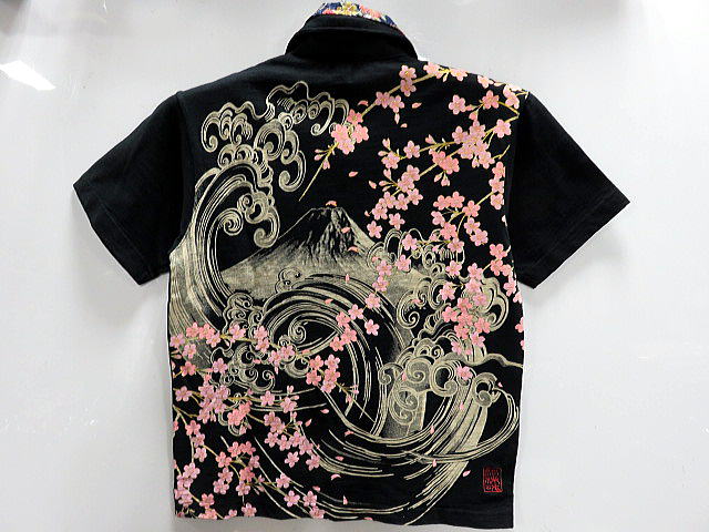 カラクリ魂 　半袖レイヤード　ジップアップシャツ　桜刺繍　KARAKURI