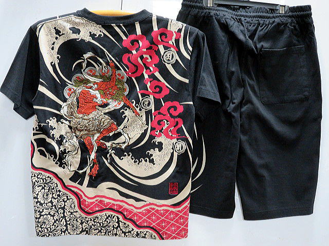 カラクリ魂　和柄　半袖Ｔシャツ上下セット　雷神刺繍　KARAKURI