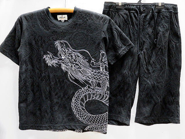 カラクリ魂　和柄　ふくれ織ジャガードＴシャツ上下セット　龍刺繍　KARAKURI