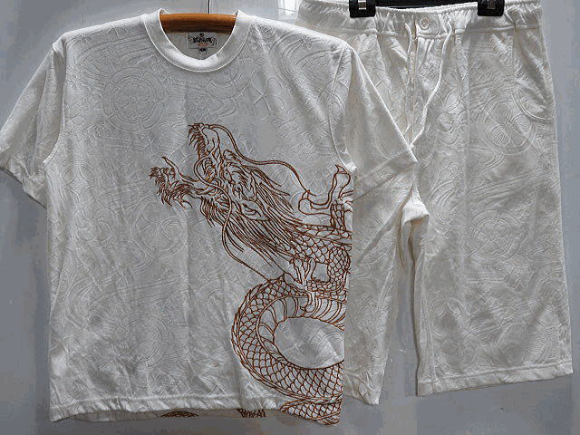 カラクリ魂　和柄　ふくれ織ジャガードＴシャツ上下セット　龍刺繍　KARAKURI