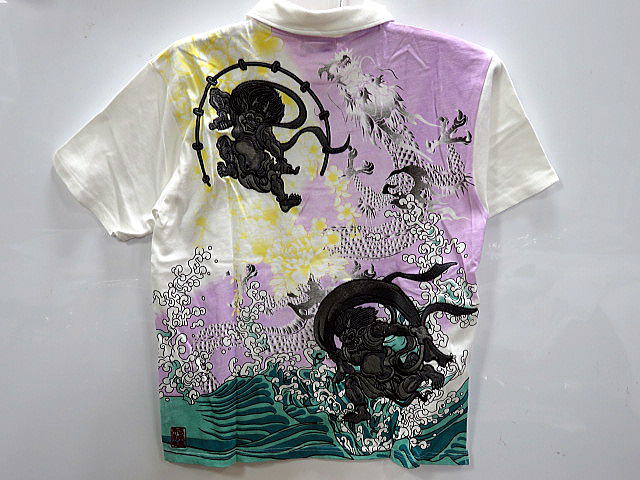 カラクリ魂 　和柄 半袖ポロシャツ  風神雷神刺繍　KARAKURI