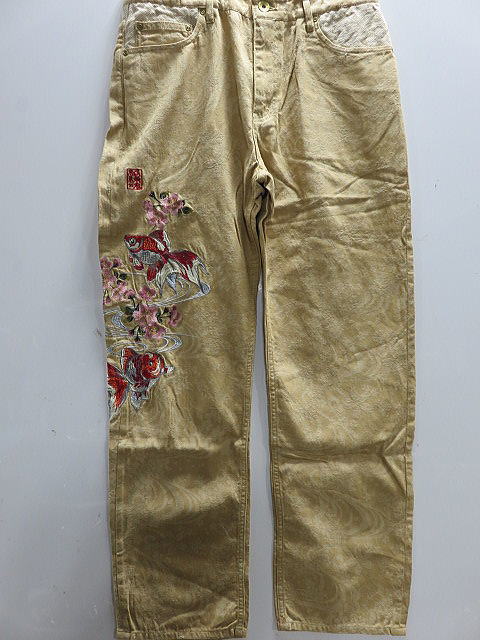 絡繰魂　和柄　デニムパンツ 流水ジャガードに桜金魚刺繍　カラクリ魂