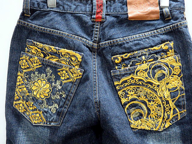 カラクリ魂 和柄デニムパンツ KARAKURI 花菱と鏡刺繍