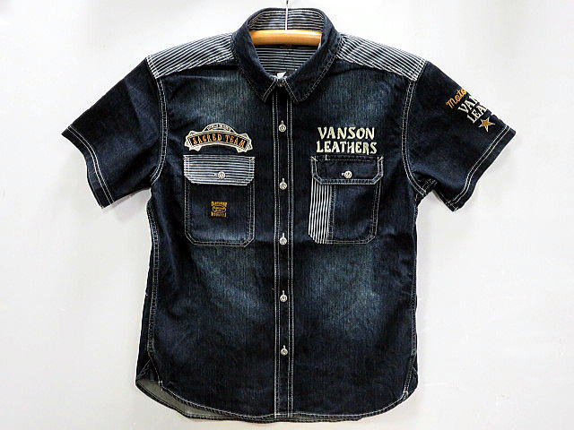 VANSON leathers 　デニム　半袖シャツ　ロゴ刺繍 VANSON leathers デニム 半袖シャツ ロゴ刺繍