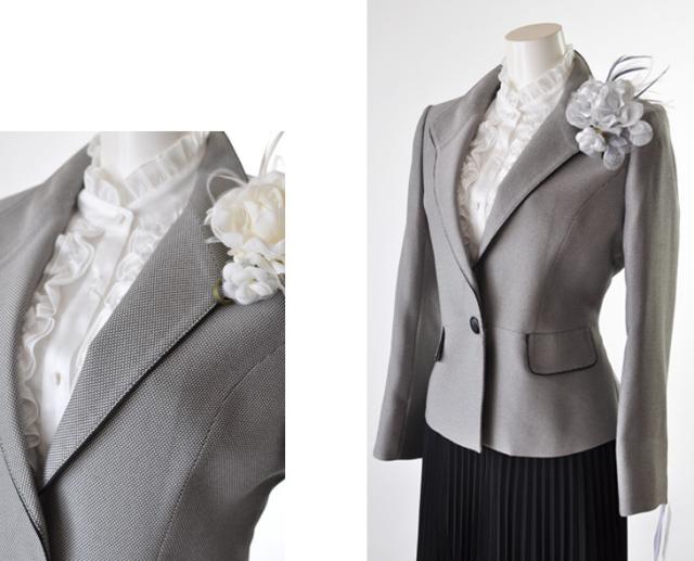 ミセス スーツ 白黒バーズアイ2スカート 3点セット グレー ウエスト