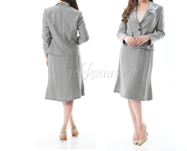 ミセス スーツ 白黒バーズアイ2スカート 3点セット グレー ウエスト