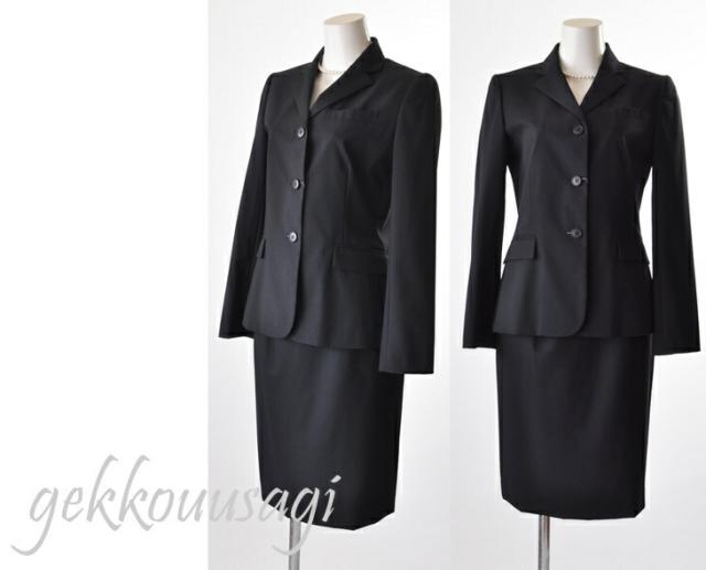 7号/9号/15号 日本製生地 薄手ウールスカートスーツ・黒　裏地背抜きストレッチジャケット ブラウスずれ防止後ろスリット入りスカート 入学式 お受験 面接 リクルートスーツ(819&811-05) (am3)nk14/15号SB2f3U