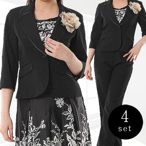夏スーツ サマースーツ レディース 4点セット スーツ 7号/9号/11号 七分袖ジャケット ゴム入りパンツ ひざ下丈スカート シフォンブラウス セレモニー フォーマル ビジネス スーツ お宮参り 通勤 サマースーツ 春 夏 秋 ママ 母親 ミセススーツ (AU1F6)