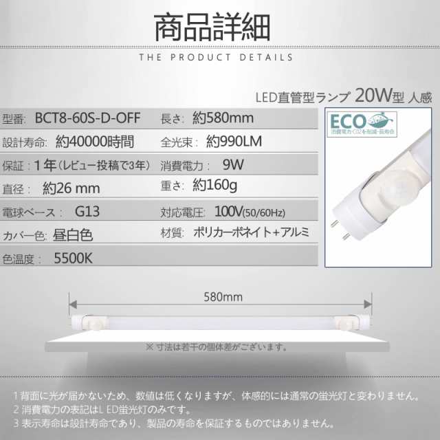 蛍光灯 照明器具 3年保証可能 LED蛍光灯 20W形 2本セット 人感センサー