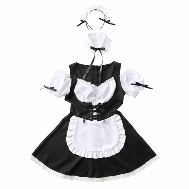 送料無料 GLOWHOLIC コルセット メイド 黒 ブラック メイド服 セット ミニ ワンピース カチューシャ 付け襟 ワンピース リボン ギャザー