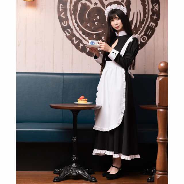 送料無料 召使い ロング メイド 黒 ブラック メイド服 セット