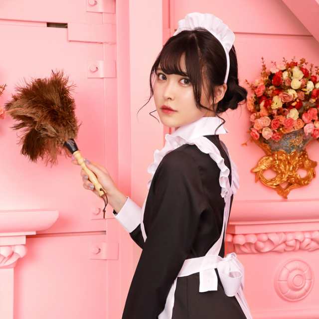 送料無料 レトロ ロング メイド メイド服 黒 ブラック カチューシャ