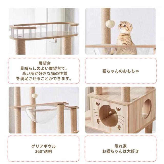 キャットタワー 猫タワー 木製 据え置き 高さ185cm おしゃれ 大型猫 透明宇宙船 猫ハウス ネコ 猫用 多頭飼い 爪とぎ 二年保証 麻紐 運動不足の通販は