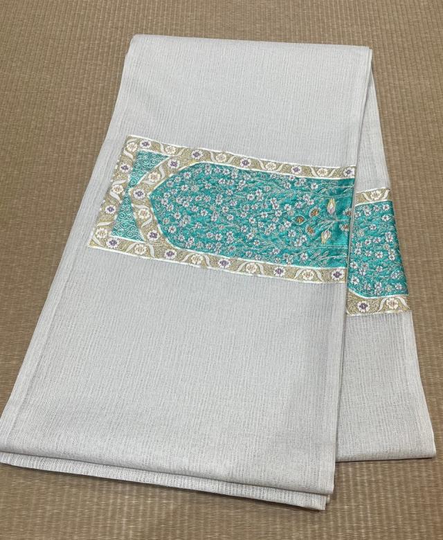 【袋帯】紫峯　夏単衣用　薄グレー　ターコイズ刺繍