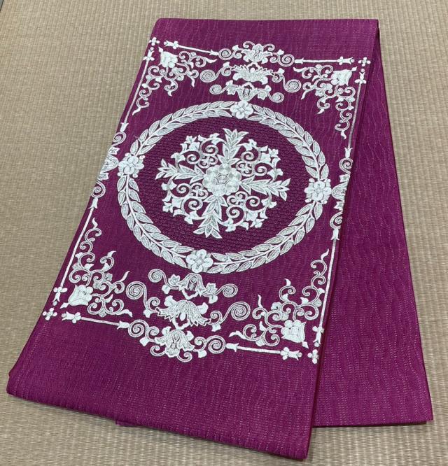 【袋帯】西陣小巻織物　赤紫銀刺繍