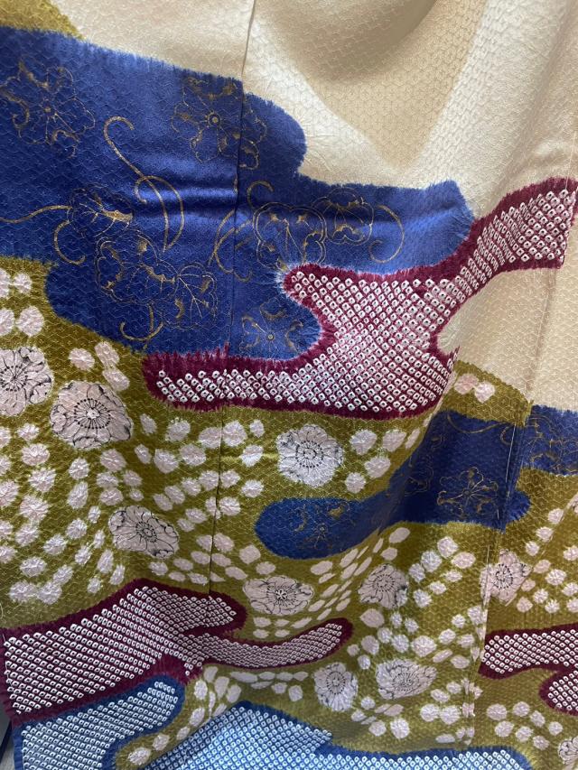 附下訪問着】絞り 辻が花風 薄黄色 難あり