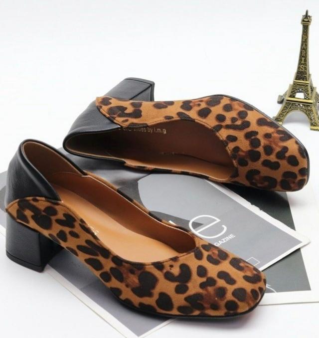 《サイズ交換無料 送料無料》レオパードコンビ 豹柄 スクエアトゥー カッター パンプス 韓国ファッション 5,382円