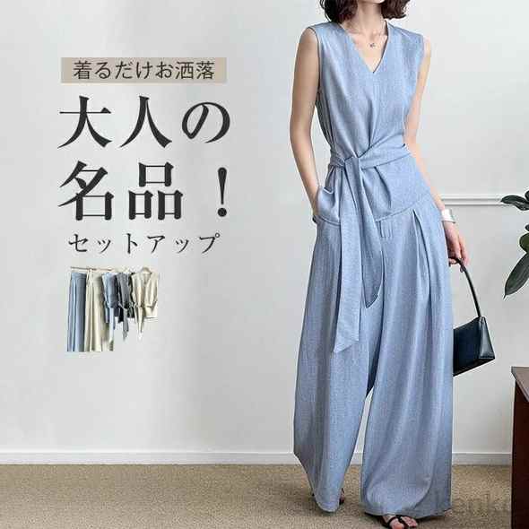 送料無料 セットアップ ボトムス ワイドパンツ ロング丈パンツ ロングパンツ ウエストゴム M L トップス ノースリーブ 上下セット ゆったり 体型カバー リネン混 麻 ママ